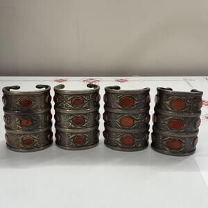 Antique gilded Sterling Tekke Turkmen cuff bracelets with carnelian inlay